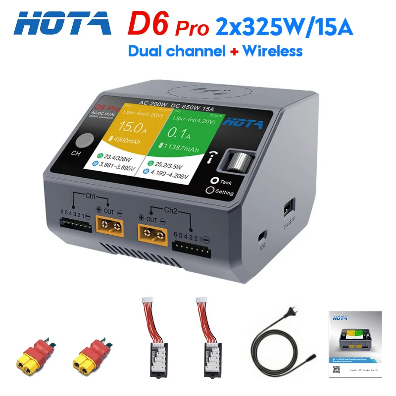 

HOTA D6 Pro Smart Charger AC200W DC650W 15A for Lipo LiIon NiMH Battery for iPhone Samsung Wireless Charging