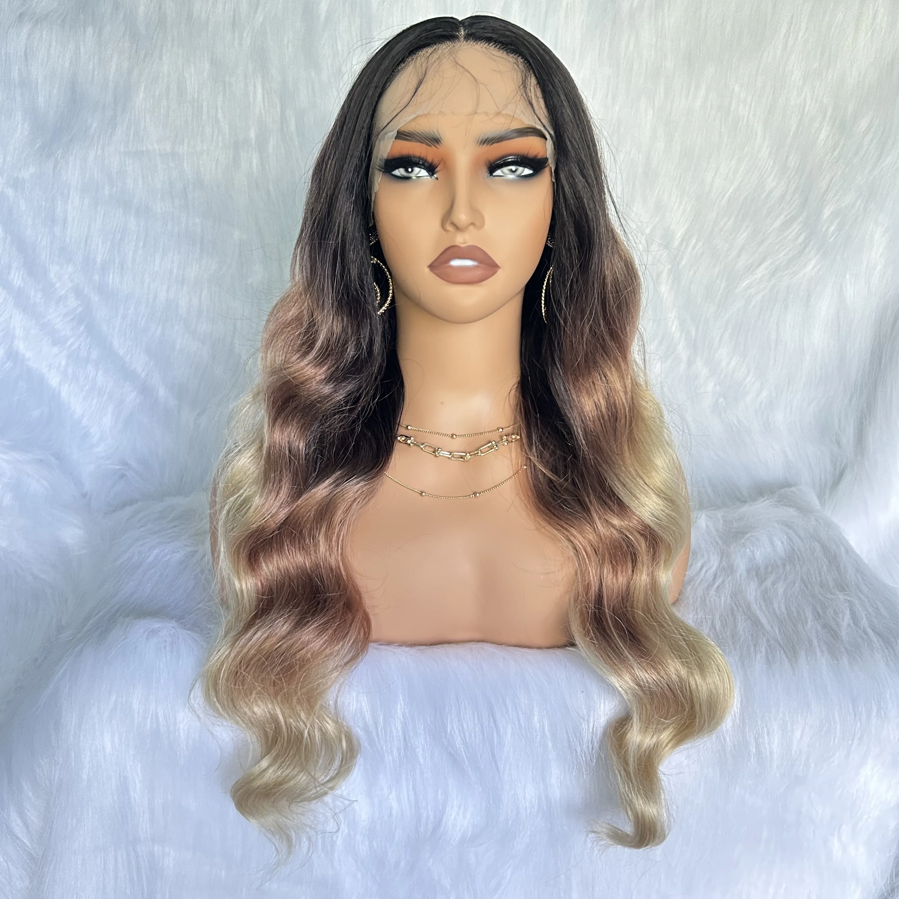 

IPARTY Long Middle Part Wig Black Highlight Brown Red Ombre Blonde Wavy Natural Synthetic Transparent Lace Front Wig for Women