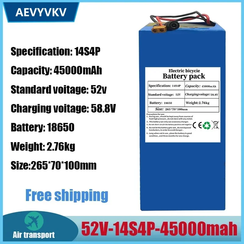 

Free shipping High Capacity 52V 14S4P 45000mAh 18650 1000W Lithium Battery for Balance Car Electric Bicycle Scooter Tricycle