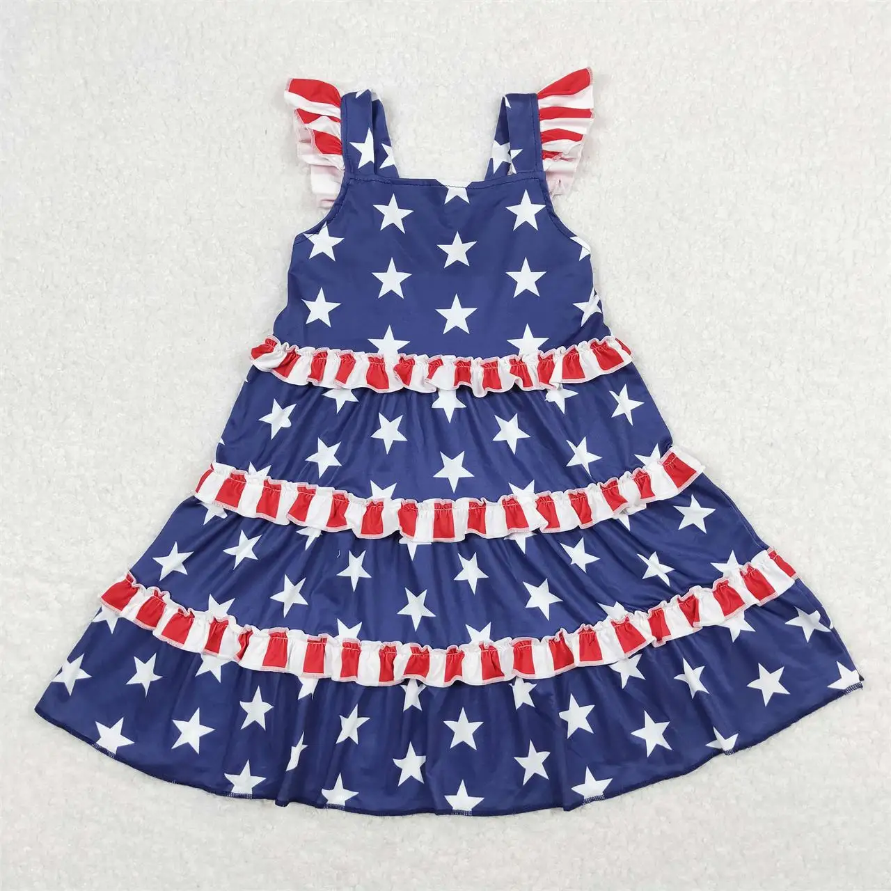 

Wholesale Baby Girl July 4th Summer Kids Stars Dress Children Toddler Stripes Ruffle Clothing
