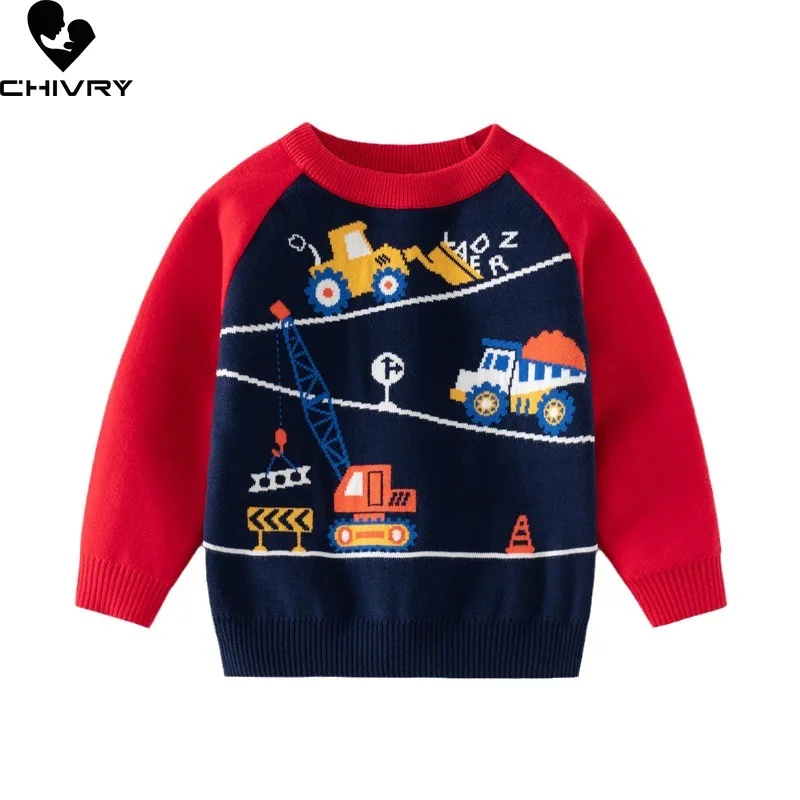 

Baby Boys Autumn Winter Pullover Sweater New 2023 Kids Cartoon Bulldozer Jacquard Round Neck Raglan Sleeve Knitted Sweaters Tops