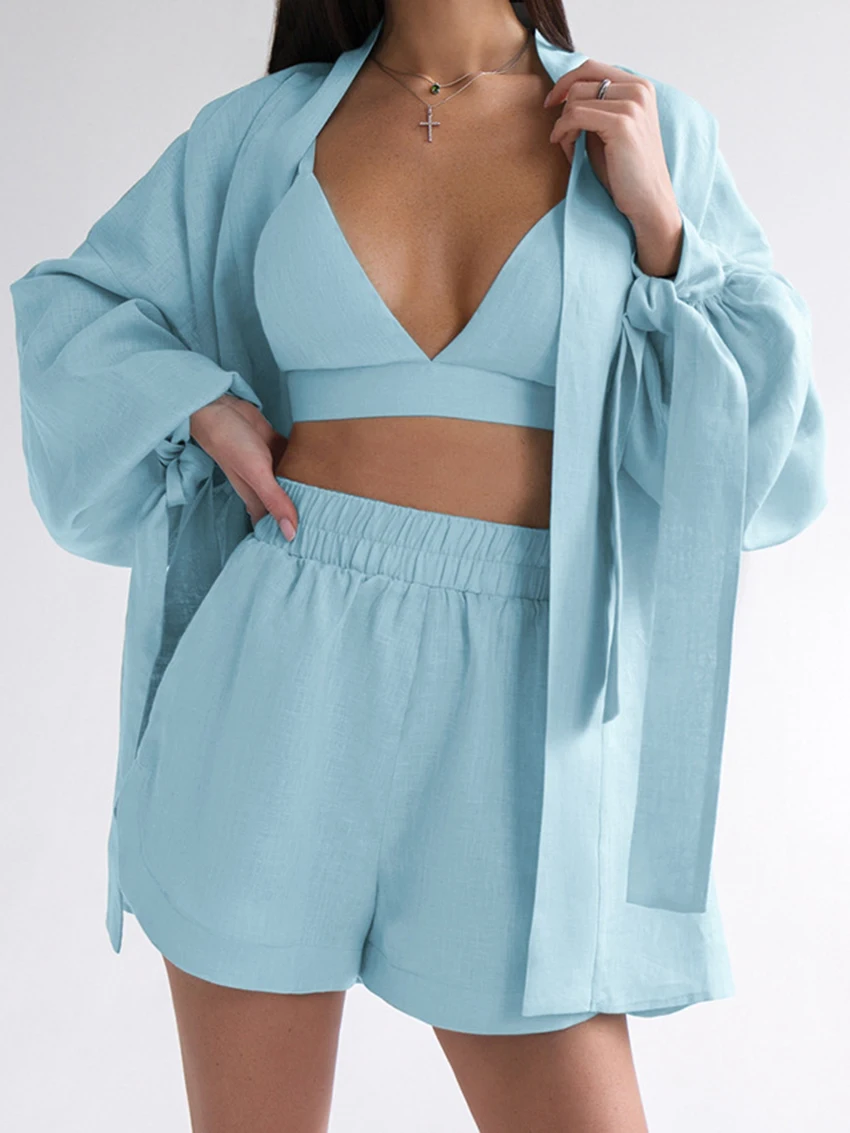 

Marthaqiqi Cotton Ladies Pajama 3 Piece Suit Tank Tops Sleepwear Long Sleeve Robe Sexy V-Neck Nightwear Shorts Casual Pijama Set