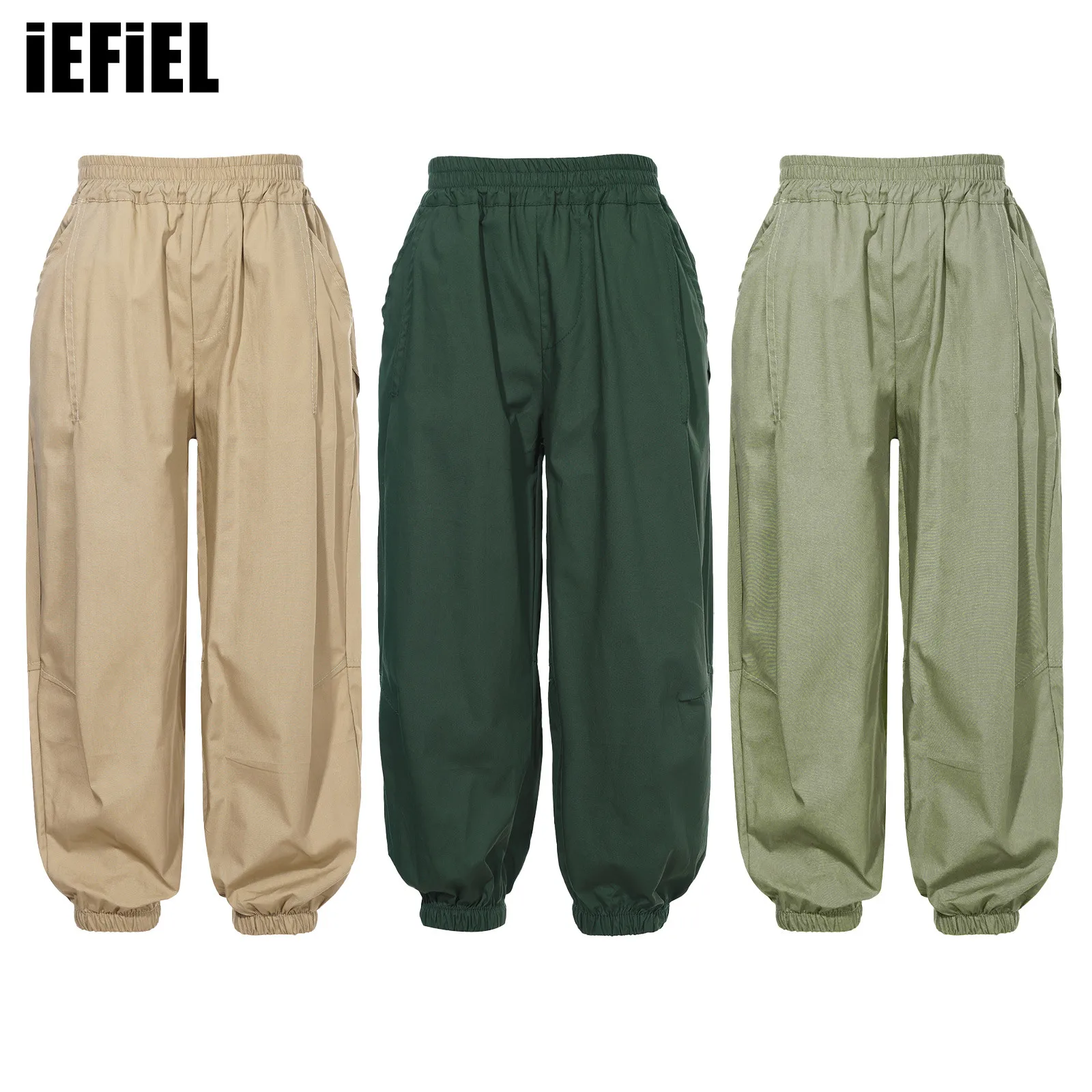 

Kids Boys Casual Mid Waist Cargo Pants Solid Color Elastic Waistband Trousers for Street Dance Skateboarding