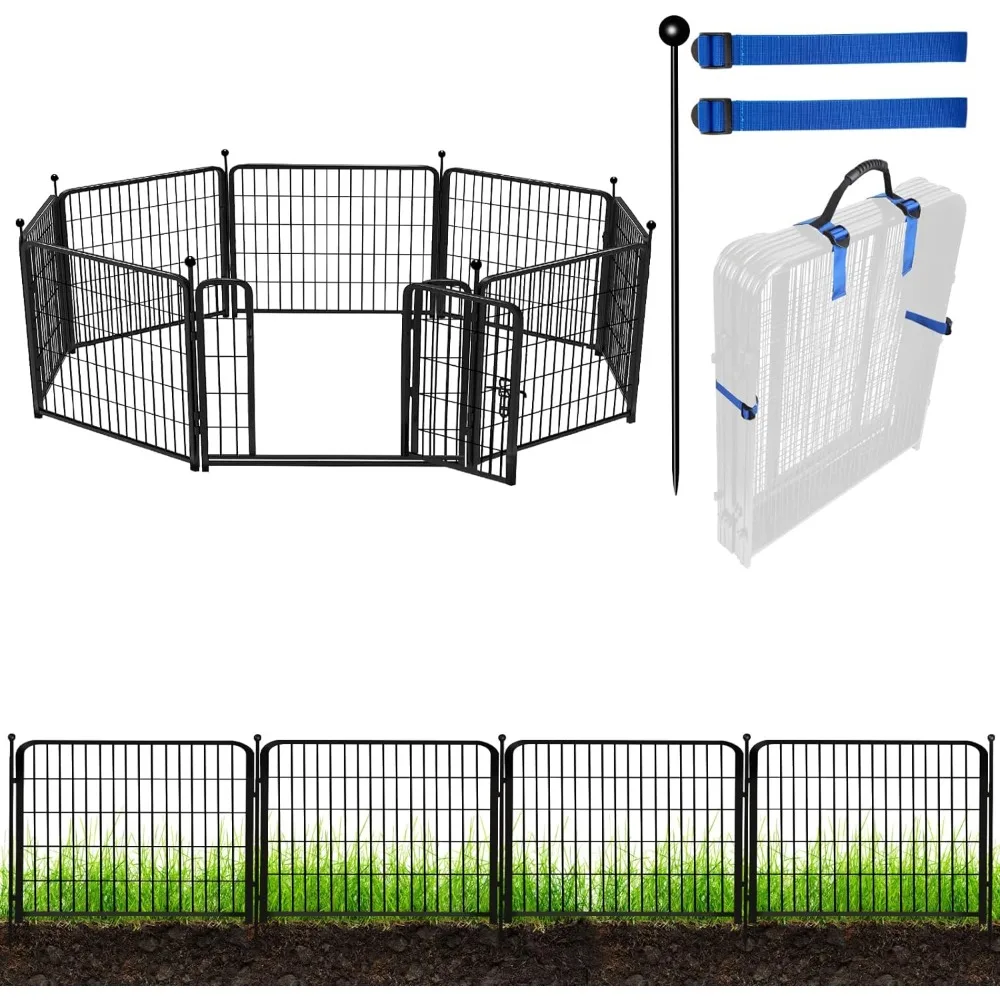 

Garden Fence with Gate 32in(H)×18 Ft(L) 8 Panels, Black Heavy Duty Iron Metal Animal Barrier , No Dig Garden Border Fencing