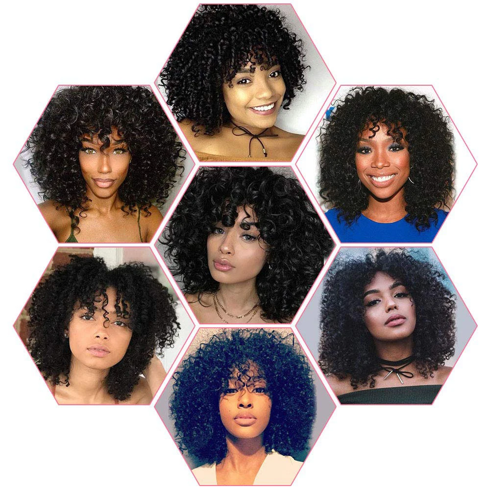 

Black Short Hair Afro Kinky Curly Wig With Bangs For Black Women Cosplay Synthetic Fibre Natural Wigs