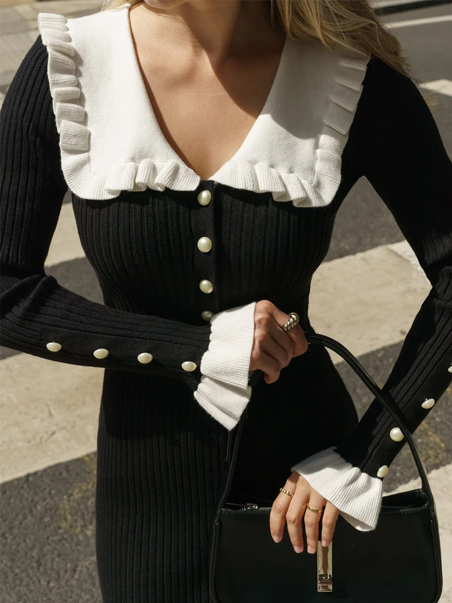 

Женское трикотажное платье макси с оборками, контрастное платье в рубчик с длинным рукавом, высокой талией и лацканами, трикотажное платье
