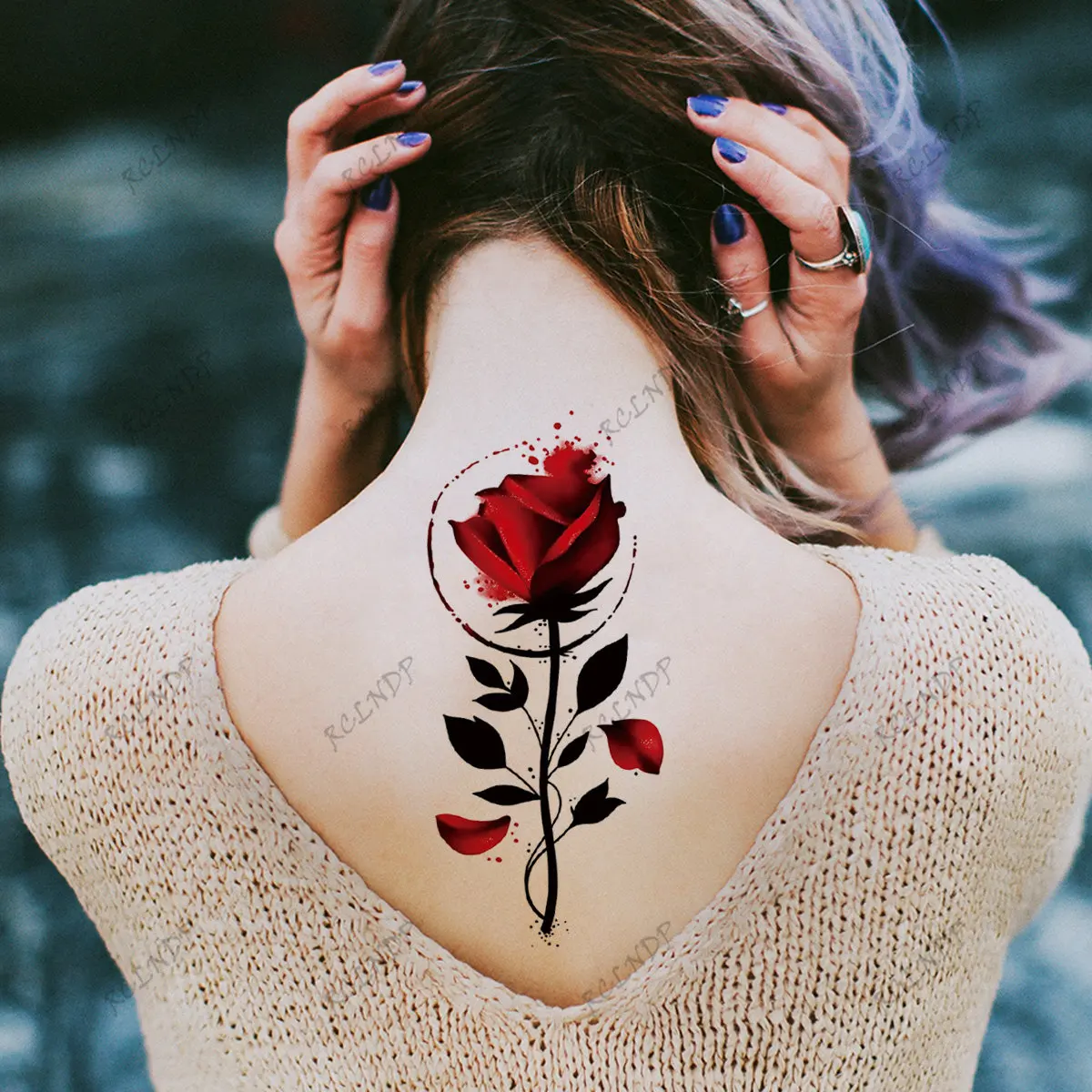 

Водостойкая Временная тату-наклейка, черная, красная круглая Роза, цветок на руку, грудь, заднюю ногу, искусственная татуировка для женщин и мужчин