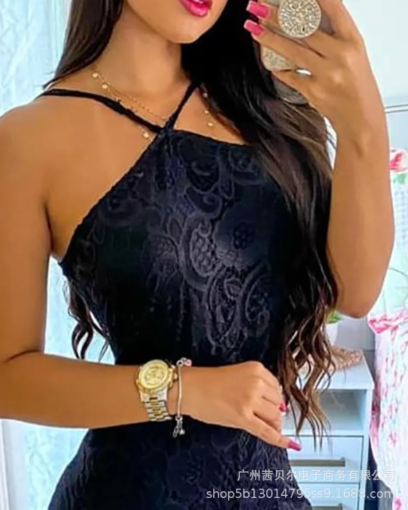 

2024 Summer Fashion Women's Jumpsuit Sexy Elegant Halter Suspender Lace Wide Leg Slit Jumpsuit Street Trendsetters Jumpsuit