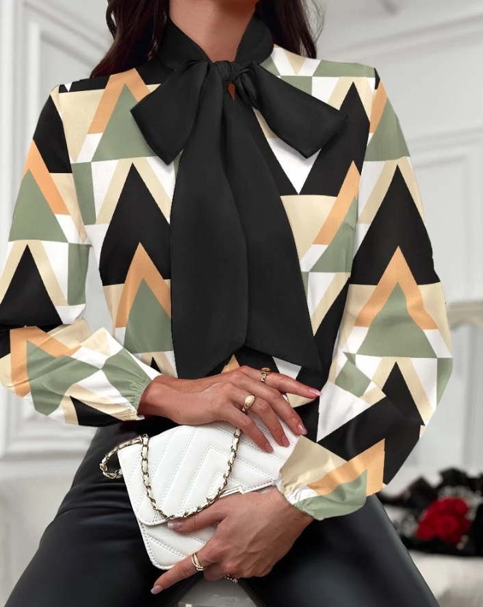

Женская Повседневная Блузка, элегантная рубашка с геометрическим принтом и цветным блоком, топ с завязкой на шее, пуловер, топы на осень-зиму и весну, 2024