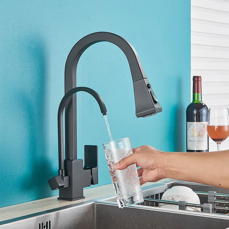 

Matte Black Square Filtered Kitchen Faucet Pull Out 360 Rotation Hot Cold Water Crane For Drinking Taps