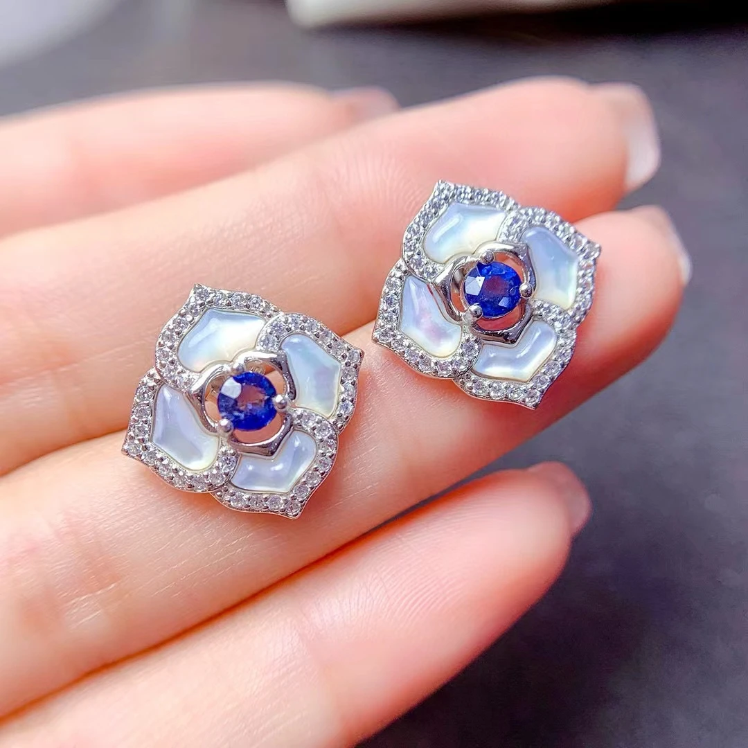 

MeiBaPJ 4mm Natural Sapphire Gemstone Flower Shell Stud Earrings for Women Real 925 Sterling Silver Charm Fine Jewelry