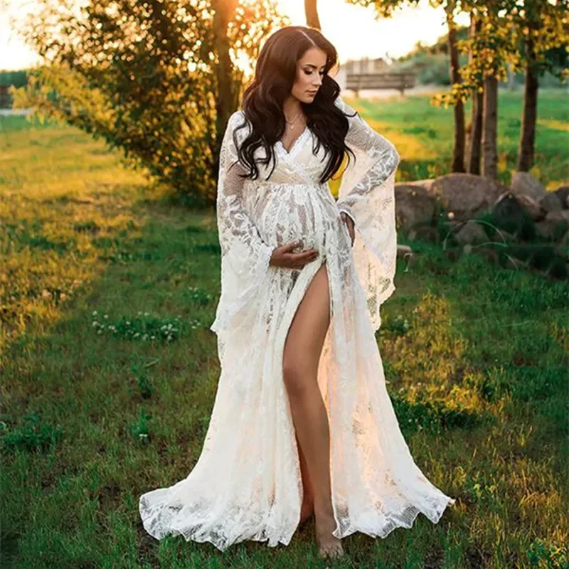 

Boho Maternity Photography Props Dresses V-neck Maternity Lace Dress For Photo Shoot See Through Pregnant Woman Maxi Gown