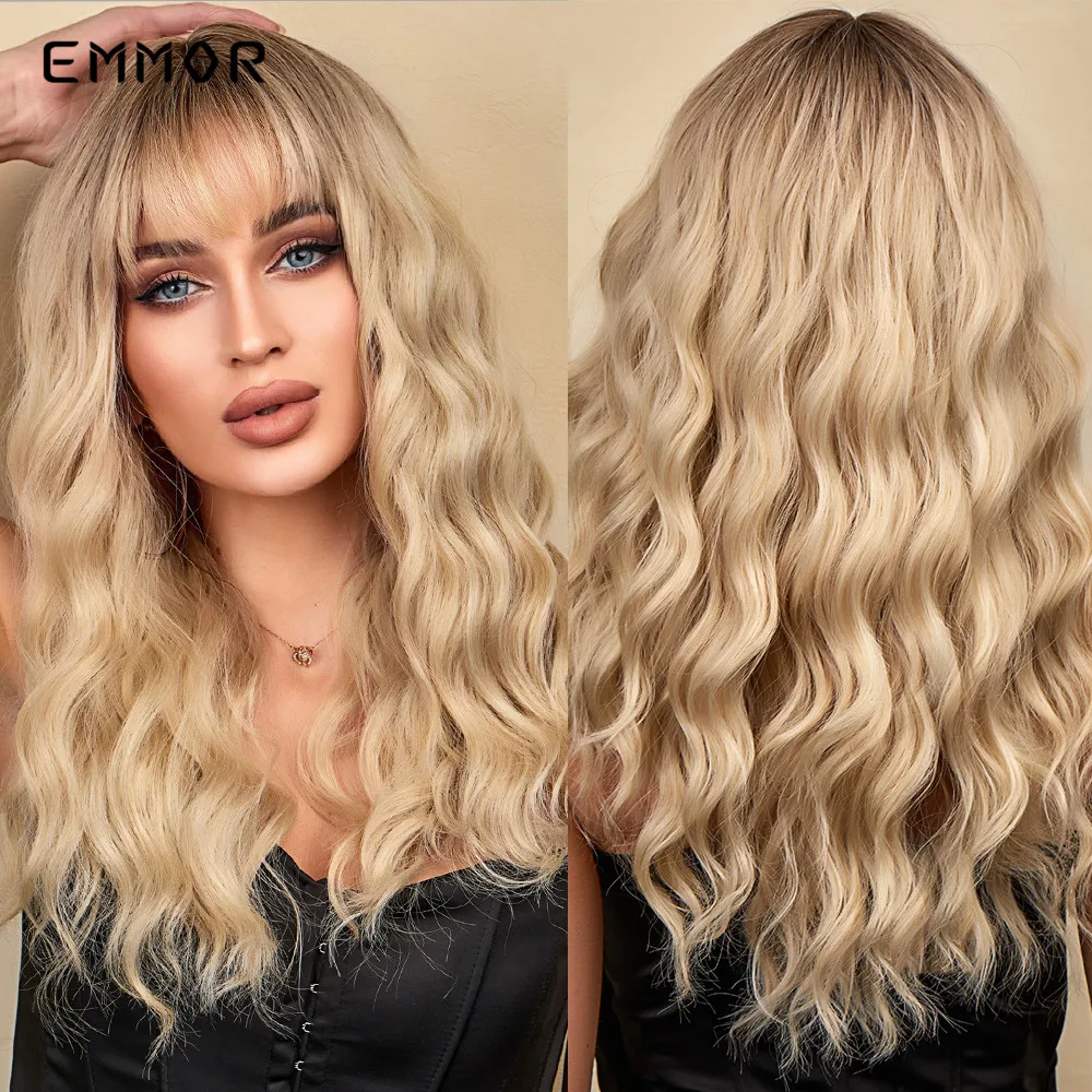 

Emmor Synthetic Ombre brown to Light Blonde Hair Wig with Bangs Natural Wavy Wig for Women Cosplay Heat Resistant Fiber Wigs