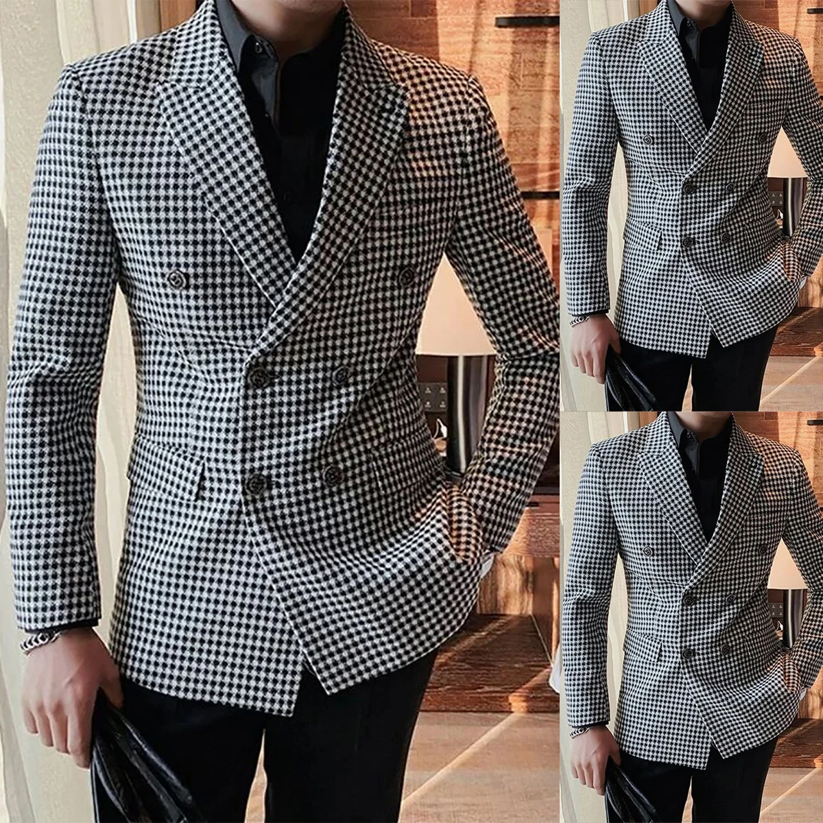 

Black and White Men Suits Tuxedo Peaked Lapel Double Breasted Custom Made 2 Pieces Blazer Pants Groom Tailored Fashion Handsome