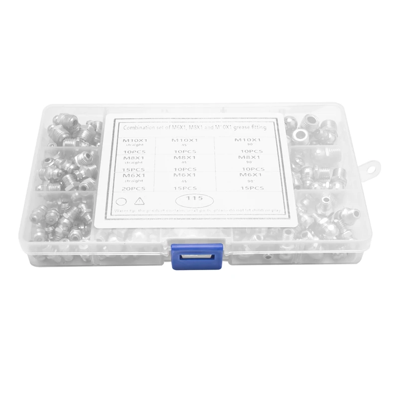 115Pcs Steel Zerk Grease Nipple Fittings Assortment Kit ,Straight, 90-Degree, 45-Degree Angled(M6,M8,M10)
115Pcs Steel Zerk Grease Nipple Fittings Assortment Kit ,Straight, 90-Degree, 45-Degree Angled(M6,M8,M10)