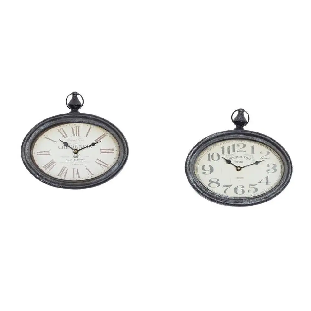 

Vintage Metal Pocket Watch Style Wall Clocks Set of 2 Cream 12" Roman Numerals Iron Oval Distressed Antique Ivory White Black