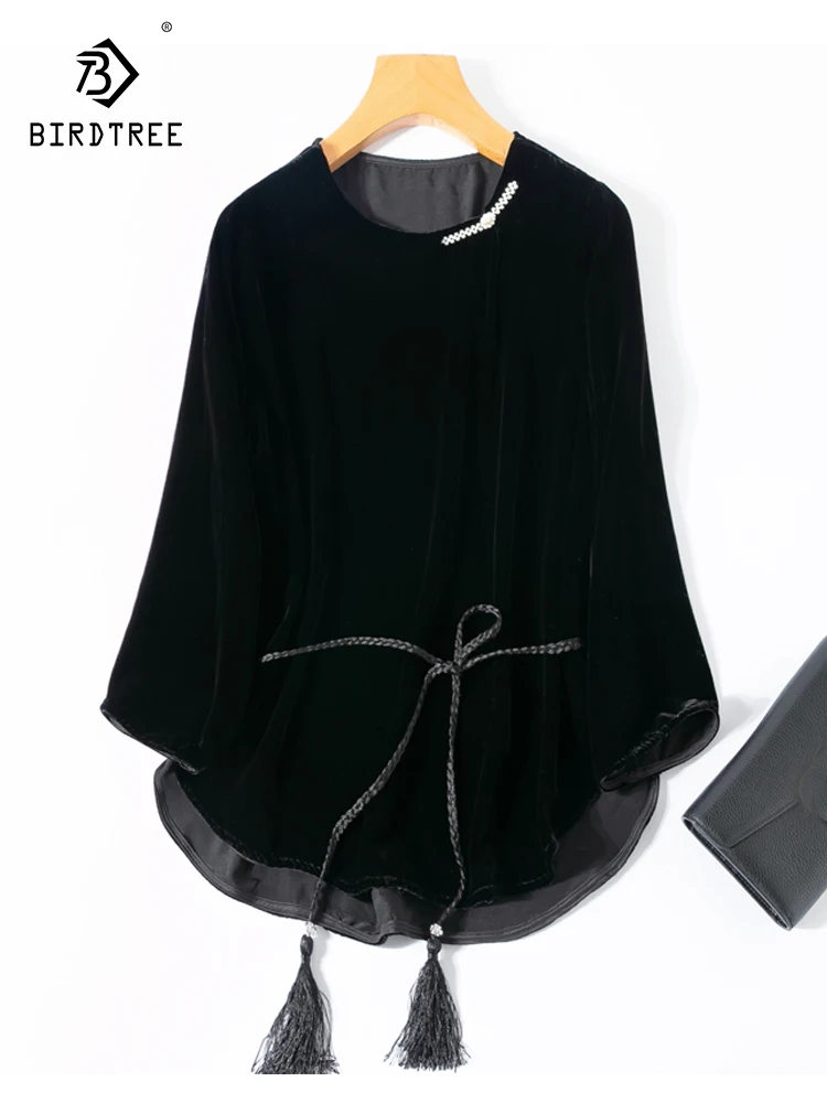 

Birdtree 100%Real Silk Velvet Vintage Elegant T-shirt Round Neck Loose Fitting With Waistband Black Tops Autumn New T30665QC