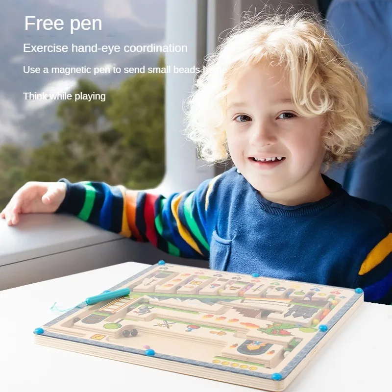 

Wooden Enlightenment Early Education Children's Puzzle Castle Color Cognitive Pen Magnetic Intelligence Maze Bead Toy