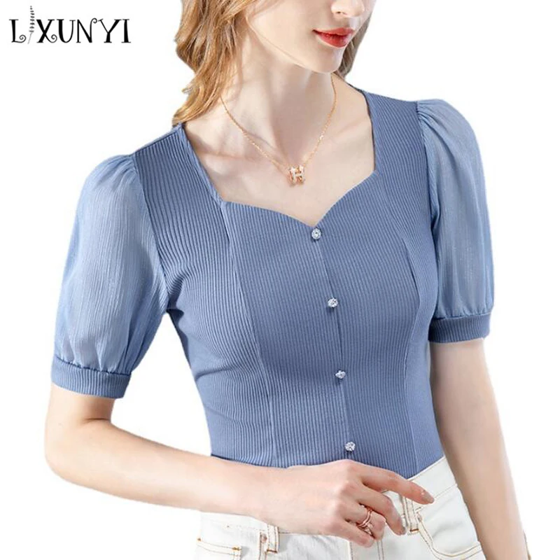 LXUNYI Summer Tops 2022 New Female Square Collar Mesh Patchwork T-Shirts Fashion French Ladies Puff Sleeve Top Women White Blue
LXUNYI Summer Tops 2022 New Female Square Collar Mesh Patchwork T-Shirts Fashion French Ladies Puff Sleeve Top Women White Blue