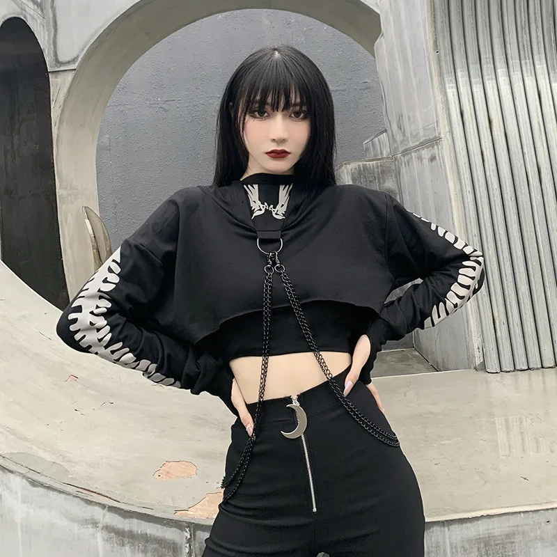 Goth Hoodie Women Metal Chain Gothic Print Cropped Black Fashion 2023 Punk Techwear O-neck Reflective Tops Autumn Sweatshirt Emo
Goth Hoodie Women Metal Chain Gothic Print Cropped Black Fashion 2023 Punk Techwear O-neck Reflective Tops Autumn Sweatshirt Emo