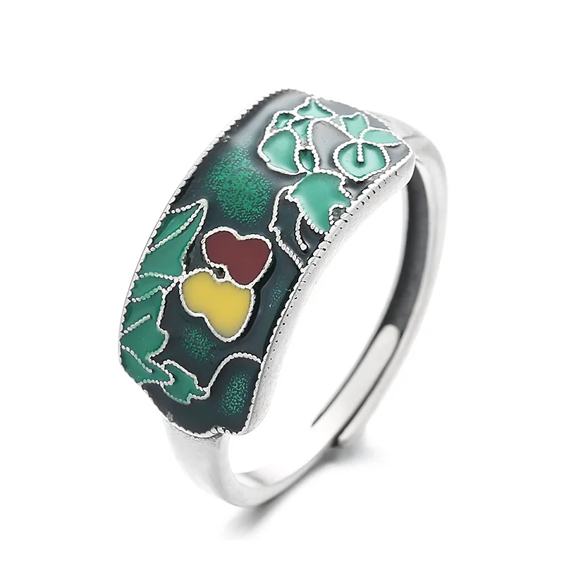 

Женское винтажное Открытое кольцо Langyan, регулируемое кольцо в этническом стиле из серебра 925 пробы с зелеными листьями и тыквой