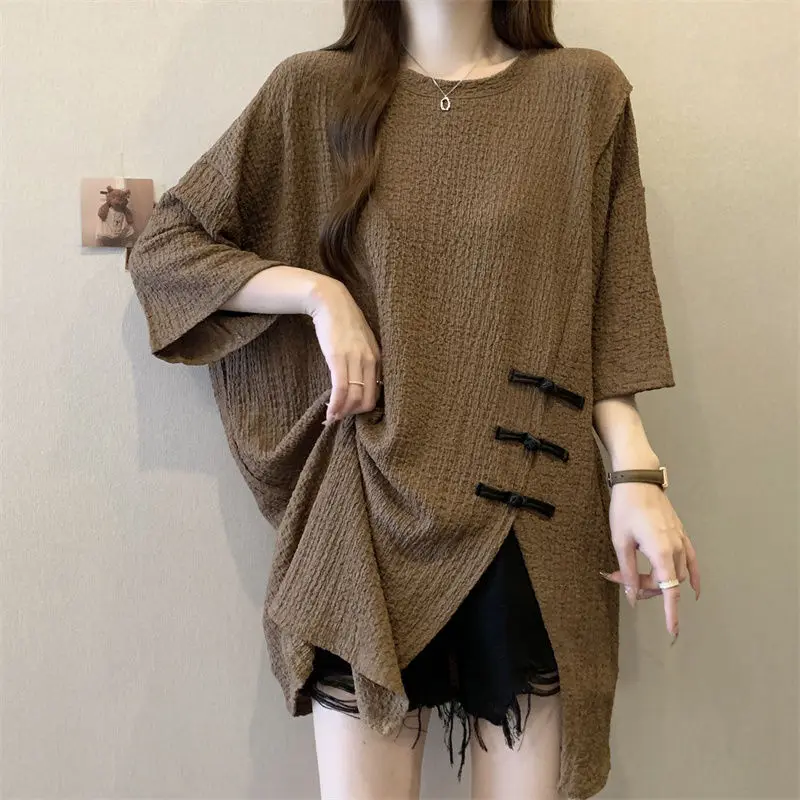 

Fashion O-Neck Asymmetrical Button Slit Casual Blouses Female Clothing 2024 Summer New Loose Solid Color Tops All-match Shirts