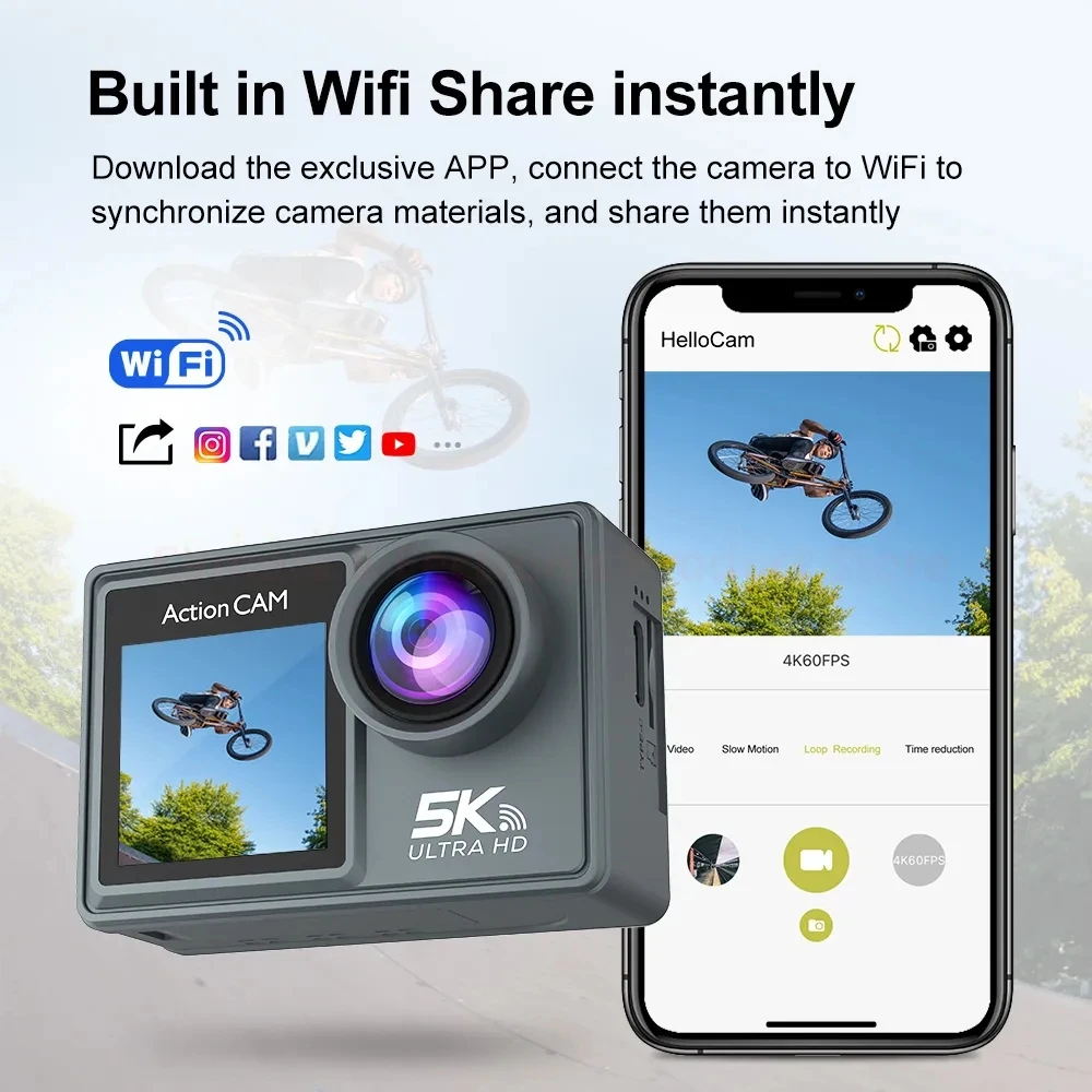 

5K Action Camera Wifi HD Dual Color Screen Anti-shake 60FPS 170° Wide Angle 30M Waterproof Sports Video Recorder Remote Control