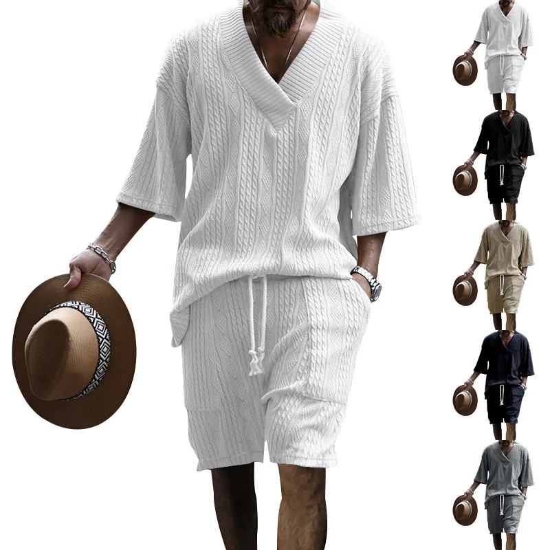 Men Casual Knitted Shorts Set 2024 Summer Fashion V-Neck Short Sleeve T-shirt And Shorts Suit Streetwear Solid Jacquard Outfits
Men Casual Knitted Shorts Set 2024 Summer Fashion V-Neck Short Sleeve T-shirt And Shorts Suit Streetwear Solid Jacquard Outfits