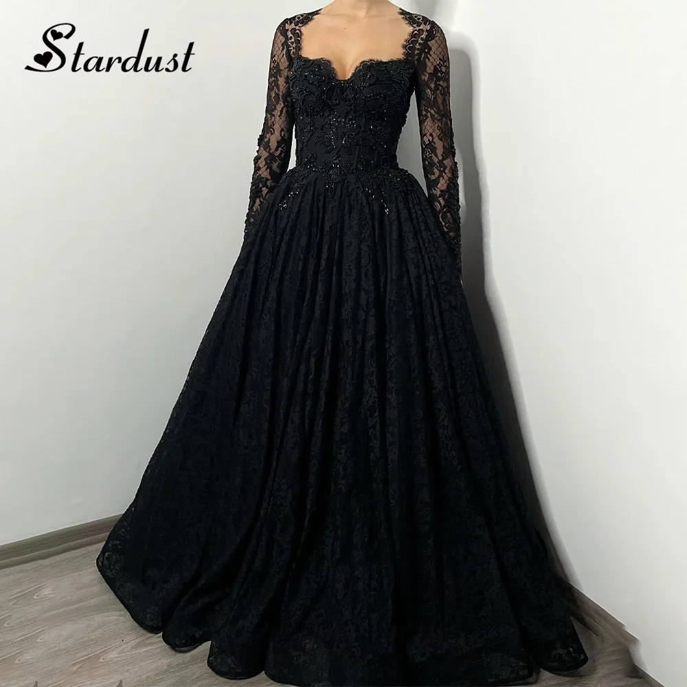 

Stardust Graceful A-Line Prom Dresses V-Neck Lace Appliques Full Sleeves Draped Saudi Arabric Vestido Gala Mujer Custom Made