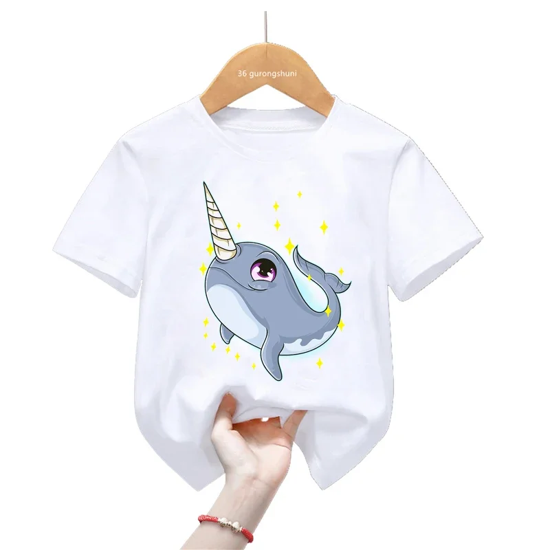 

Watercolor Narwhal Print T Shirt For Girls/Boys Rainbow Kids Clothes Summer Short Sleeve Tshirt Childrens' Clothing