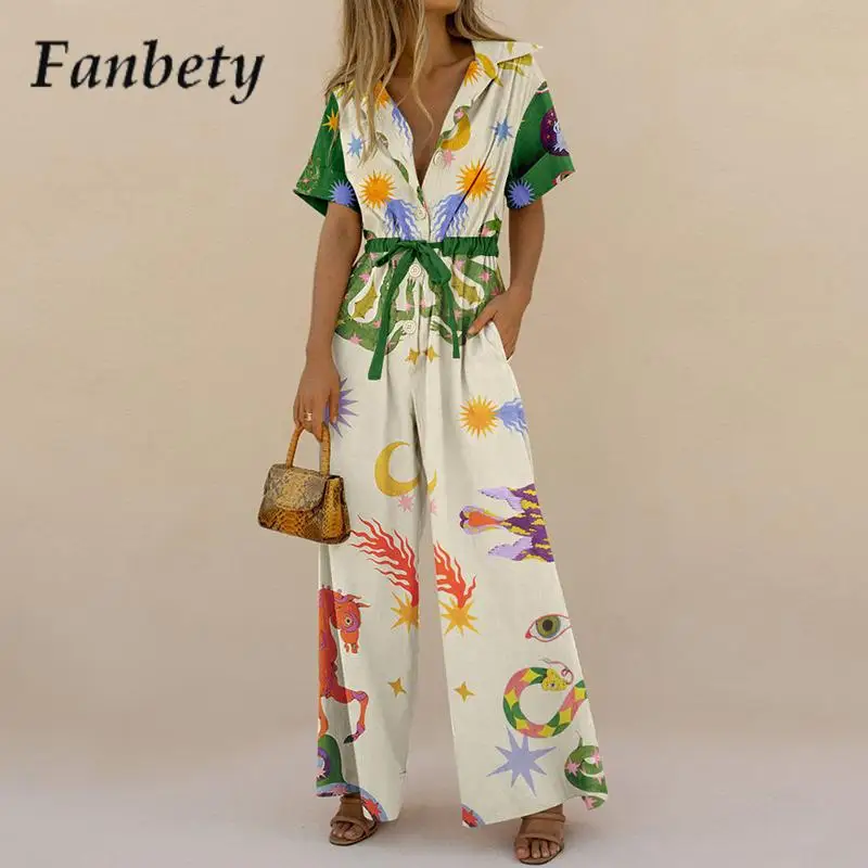 Summer Sun Moon Printed Loose Jumpsuit Women Lace-Up Button-Down Shirt Casual Overalls Sports Short-Sleeved New Lace-Up Overalls
Summer Sun Moon Printed Loose Jumpsuit Women Lace-Up Button-Down Shirt Casual Overalls Sports Short-Sleeved New Lace-Up Overalls