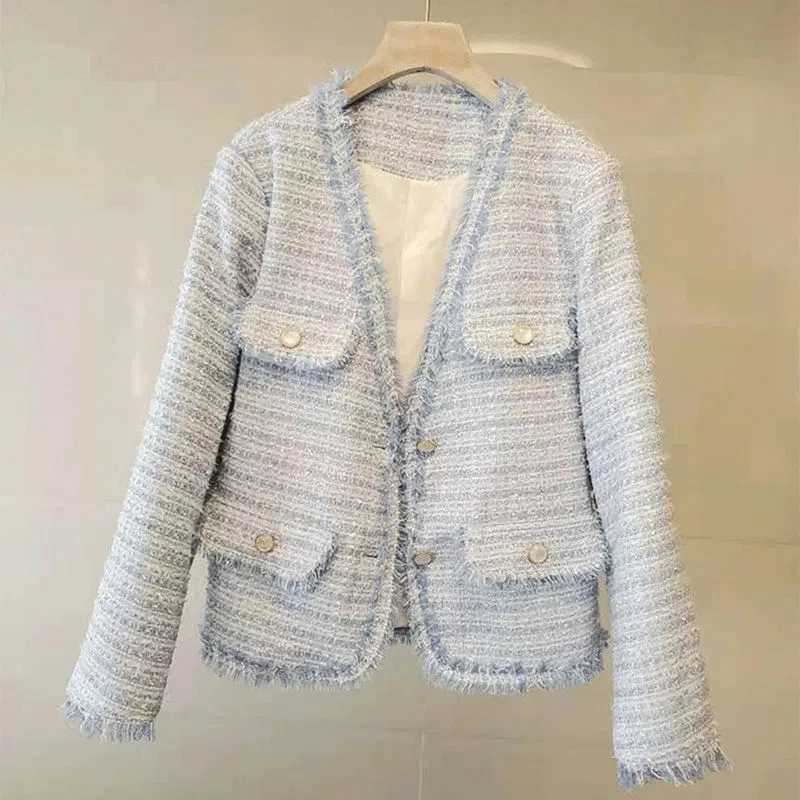 Vintage Simple Blue Short Tweed Jacket Women Spring 2023 New Casual V-Neck Single Breasted Full Sleeve Coat Female Tide
Vintage Simple Blue Short Tweed Jacket Women Spring 2023 New Casual V-Neck Single Breasted Full Sleeve Coat Female Tide