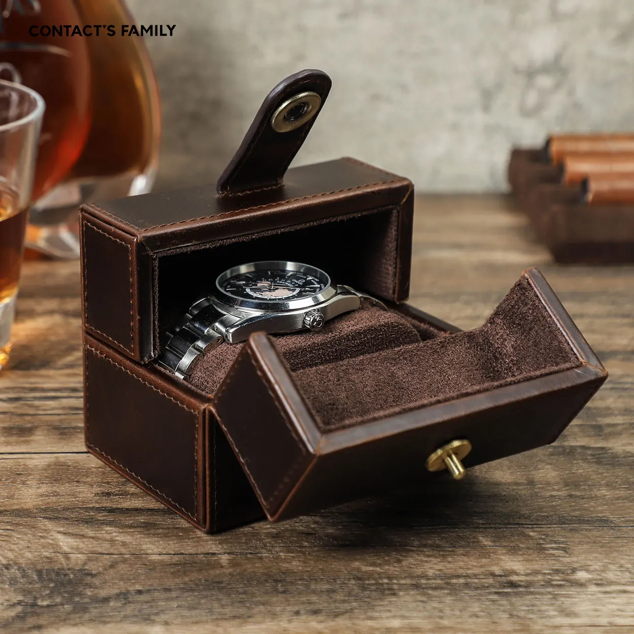 

CONTACT'S FAMILY Retro Cowhide Leather Luxury Single Slot Storage Case HandmadeTravel Portablel Watch Holder with Pillow