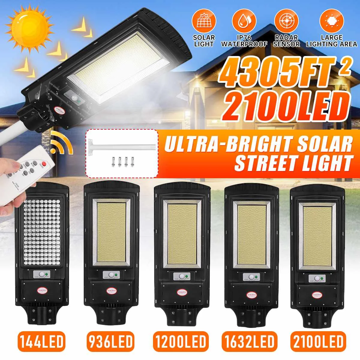 2100LED Outdoor Solar Street Wall Light Sensor PIR Motion Garden Lamp with Remote Control and Mounting Pole
2100LED Outdoor Solar Street Wall Light Sensor PIR Motion Garden Lamp with Remote Control and Mounting Pole