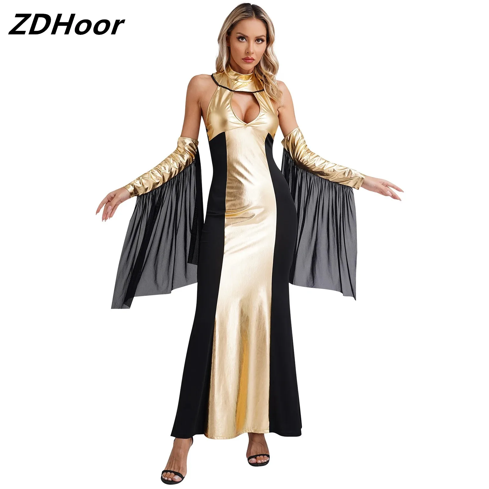 

Womens Egypt Queen Dress Halloween Costumes Halter Backless Keyhole Dress with Detachable Sleeves Cleopatra Cosplay
