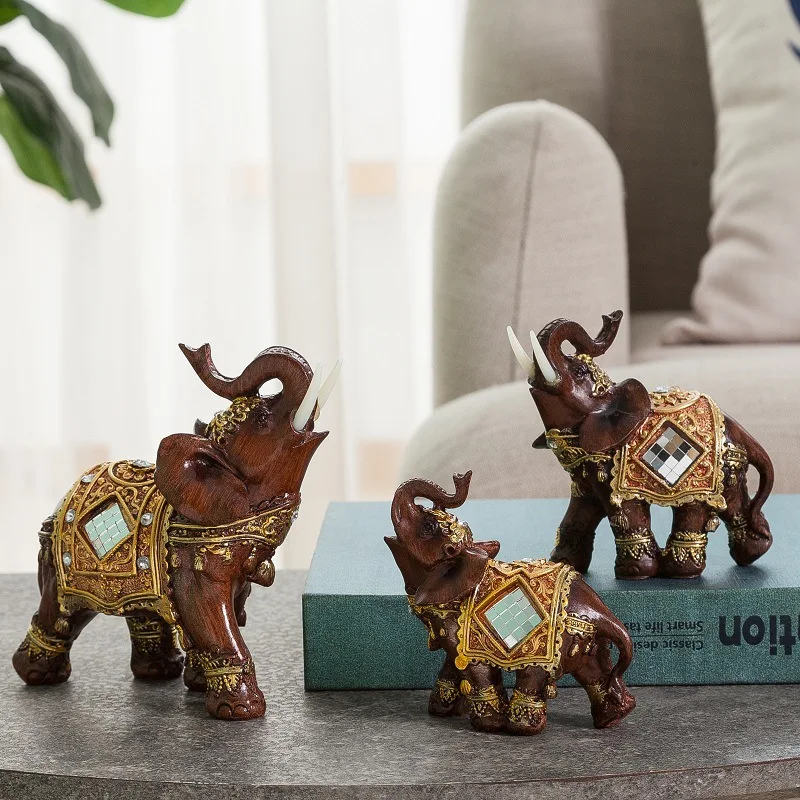 

3PCS Resin Elephant Statue Sculpture Mascot Lucky Feng Shui Wealth Figurine Birthday Gift Carved Natural Stone Office Home Decor