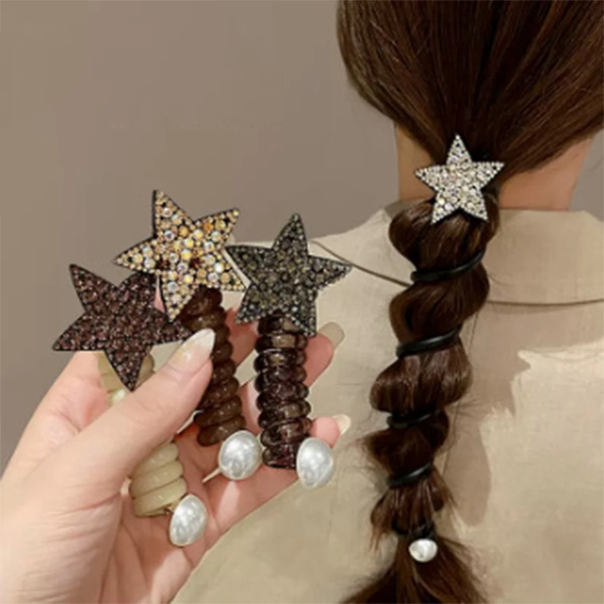 

4pcs Y2K Star Heart Pendant Telephone Cord Scrunchies Hair Women Girls Spiral Braided Wire Ties Rubber Bands Ponytail Holder