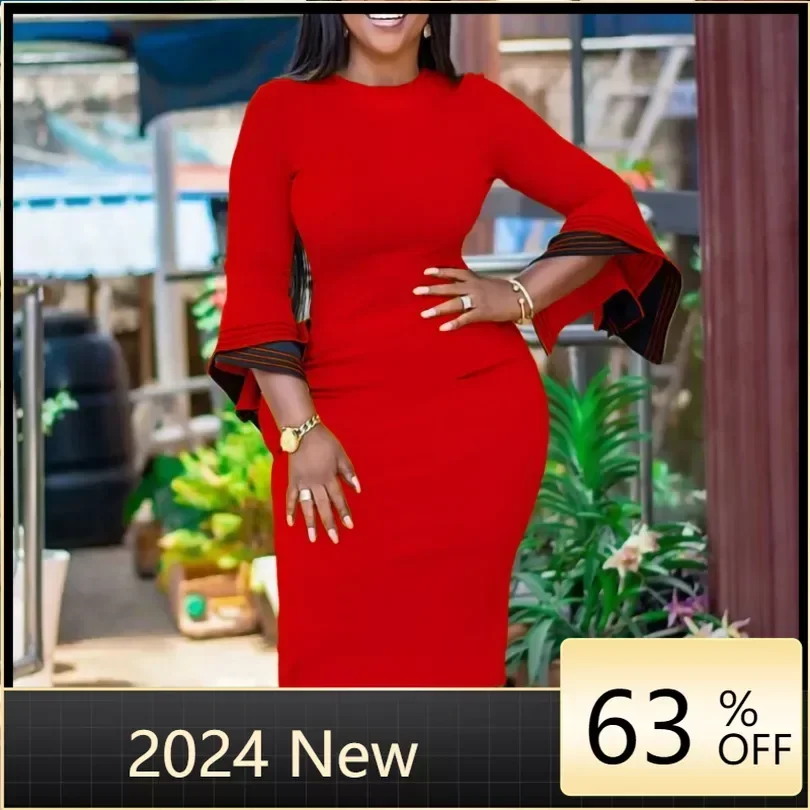 

African Dresses For Women 2024 New Fashion Nigeria Africa Clothes Elegant Wrap Hip OL Pencil Dress Party Vestido Midi Robe