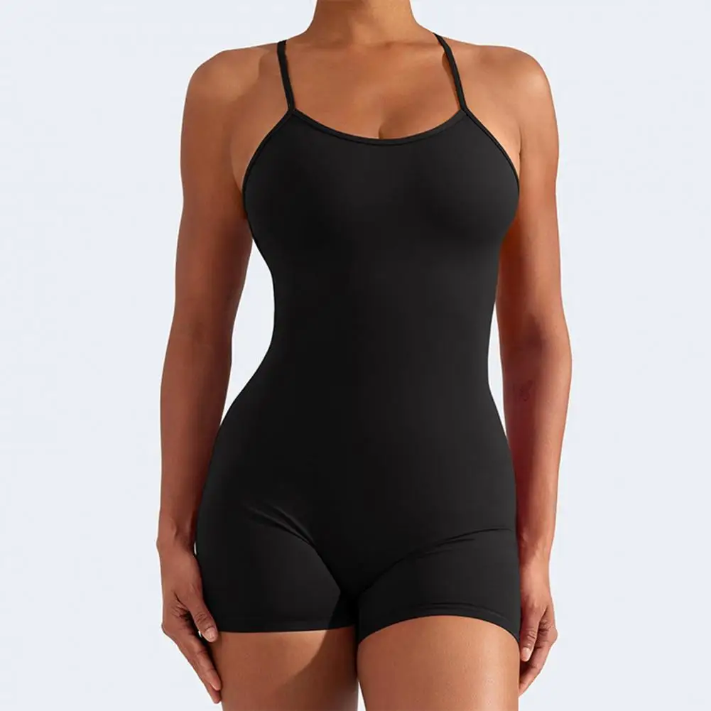 

Anti-squat Exercise Romper Ribbed Romper Stylish Women's Summer Yoga Romper with Cross Back Design High Elasticity for Beach