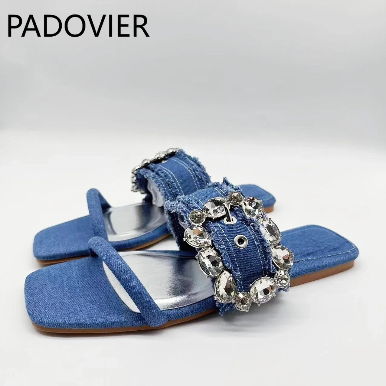 

Women's 2024 New Fashion Joker Rhinestone Buckle Decorated Denim Flat Sandals With Rhinestone Sandals.