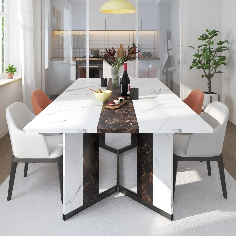 

71" Large Luxurious Rectangular White Dining Table for 6 8 10 People W/Marble-Color Wood Tabletop,Metal Adjustable Leg