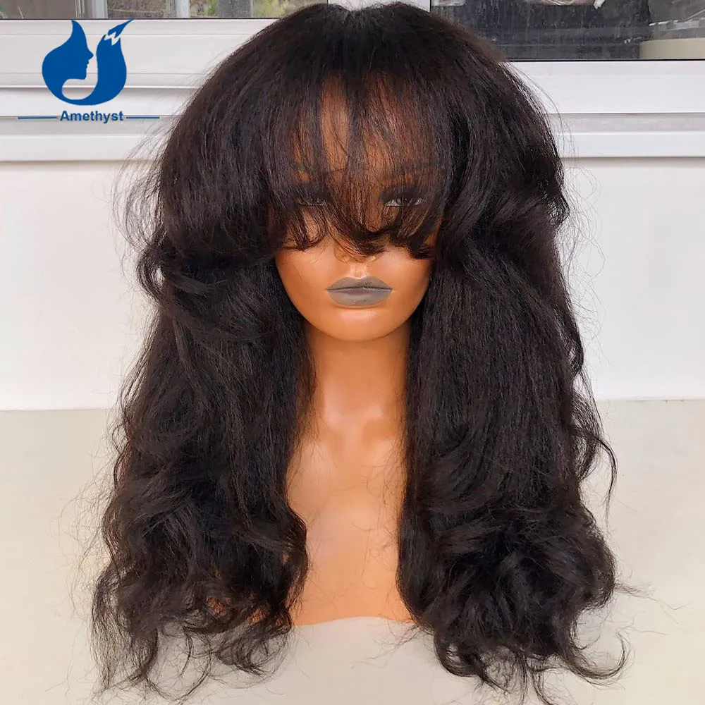 Amethyst Yaki wavy human hair wigs with bangs Full Machine Made Scalp Top None Lace Brazilian Remy Hair Natural Color
Amethyst Yaki wavy human hair wigs with bangs Full Machine Made Scalp Top None Lace Brazilian Remy Hair Natural Color