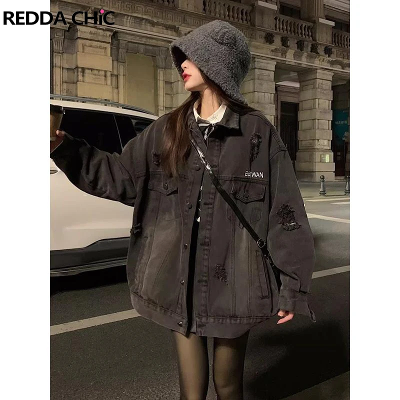 

ReddaChic Destroyed Black Denim Jacket for Women Grayu Harajuku Ripped Holes Bomber Coat Acubi Fashion Grunge Vintage Clothes