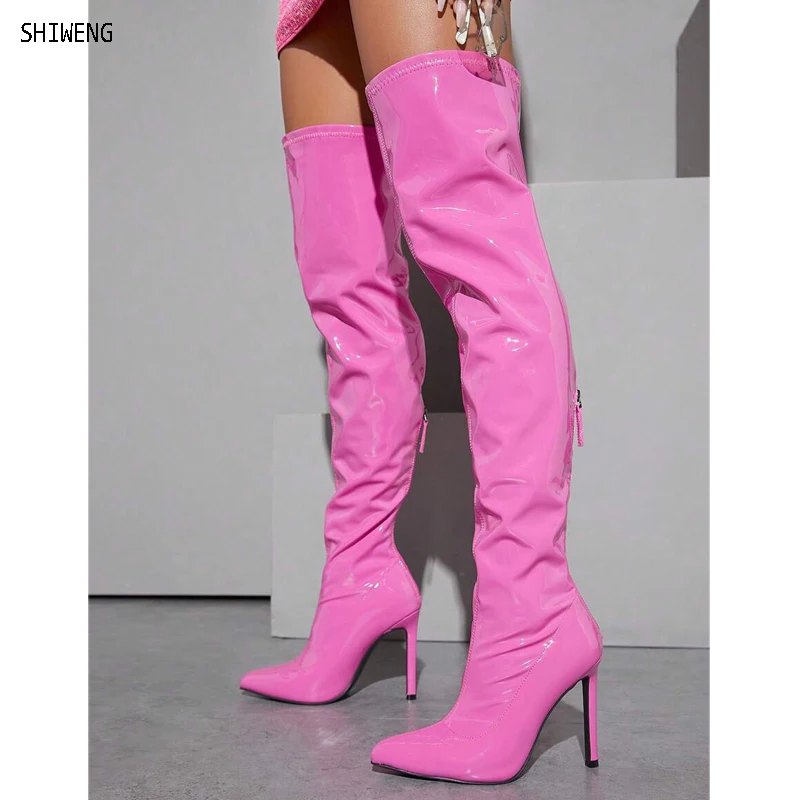 

Женские высокие сапоги выше колена, розовые сапоги на высоком каблуке-шпильке, с острым носком, на молнии сзади, большие размеры до 44, 2024