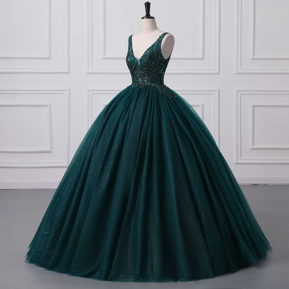 

Dark Green Tulle Evening Dress Sexy V Neck Sequined Beading Lace Up Backless Burgundy Formal Party Prom Ball Gown Robe De Soiree