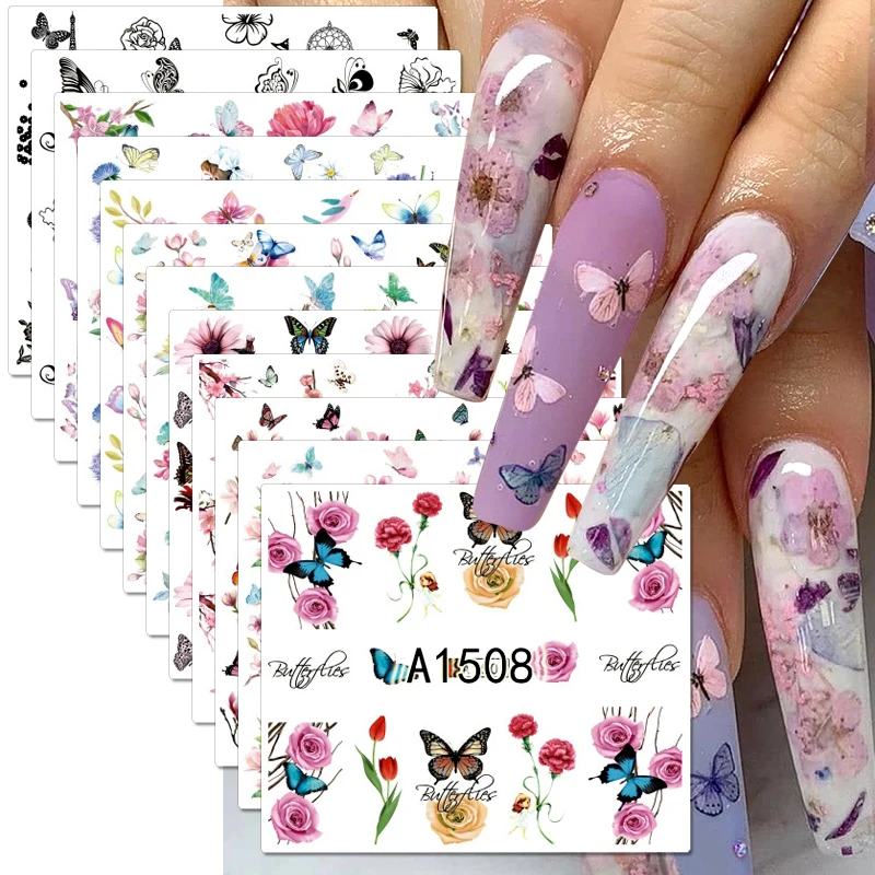 

48pcs Blue Butterfly Nail Stickers Watercolor Flowers 3D Nail Decals Water Transfer Foils Sliders Summer Manicure Decorations