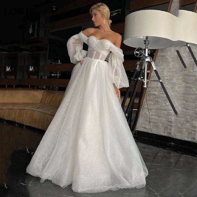 

LORIE Sparkling Glitter Wedding Dresses Sweetheart Off The Shoulder Vestido de novia Bride Gown Puff Sleeve Tulle Bridal Dress