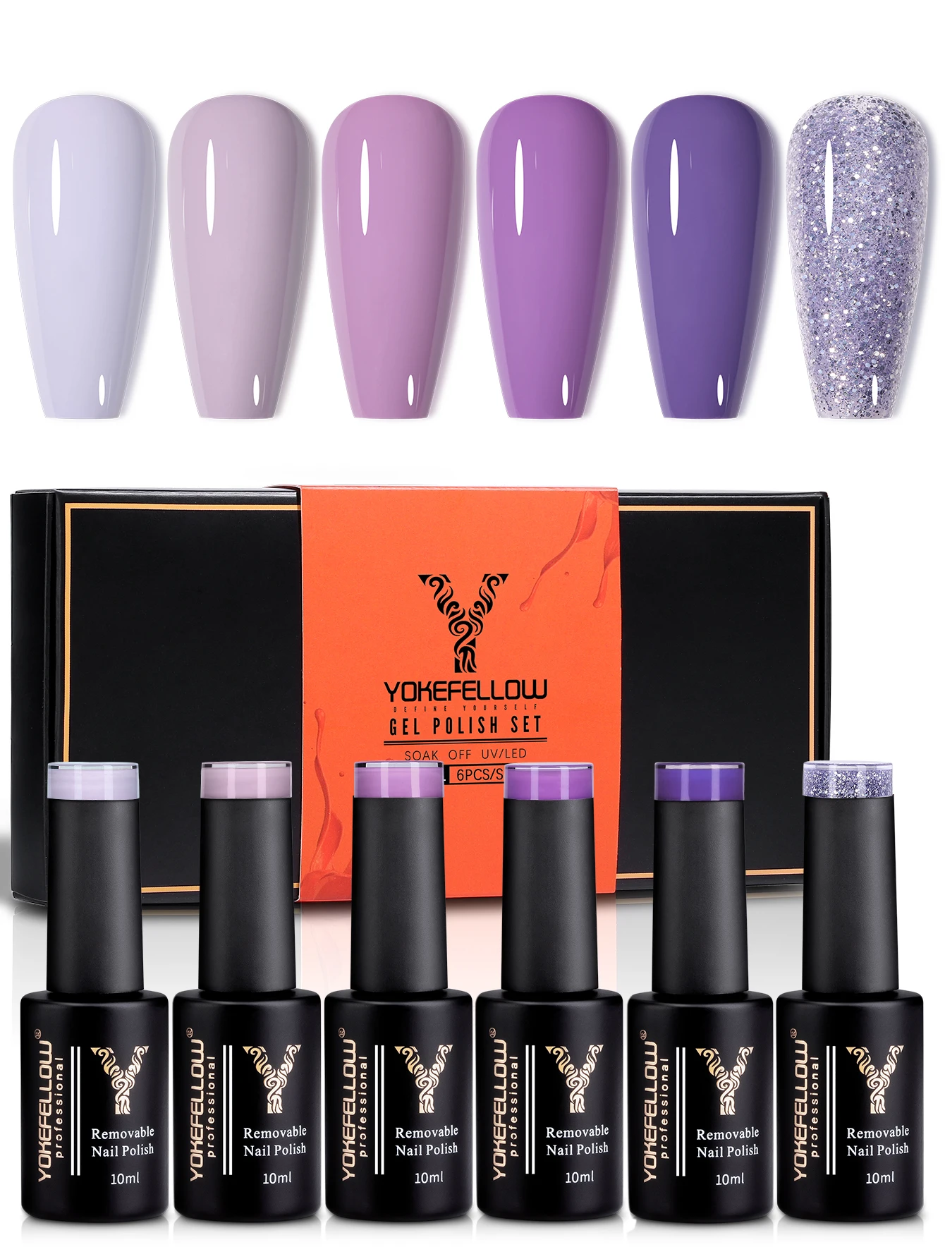 

YOKEFELLOW Gel Nail Polish Set 6PCS 10ml Violet Rich Pigment Soak Off Low Odor Long-Wear Gel Varnish for Professional Manicure