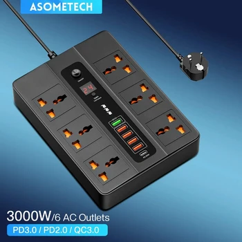 3000W 6 AC 콘센트 전원 스트립 20W PD QC3.0 USB 고속 충전기 6 포트 유형 C 빠른 충전 스테이션 어댑터, 아이폰 삼성용