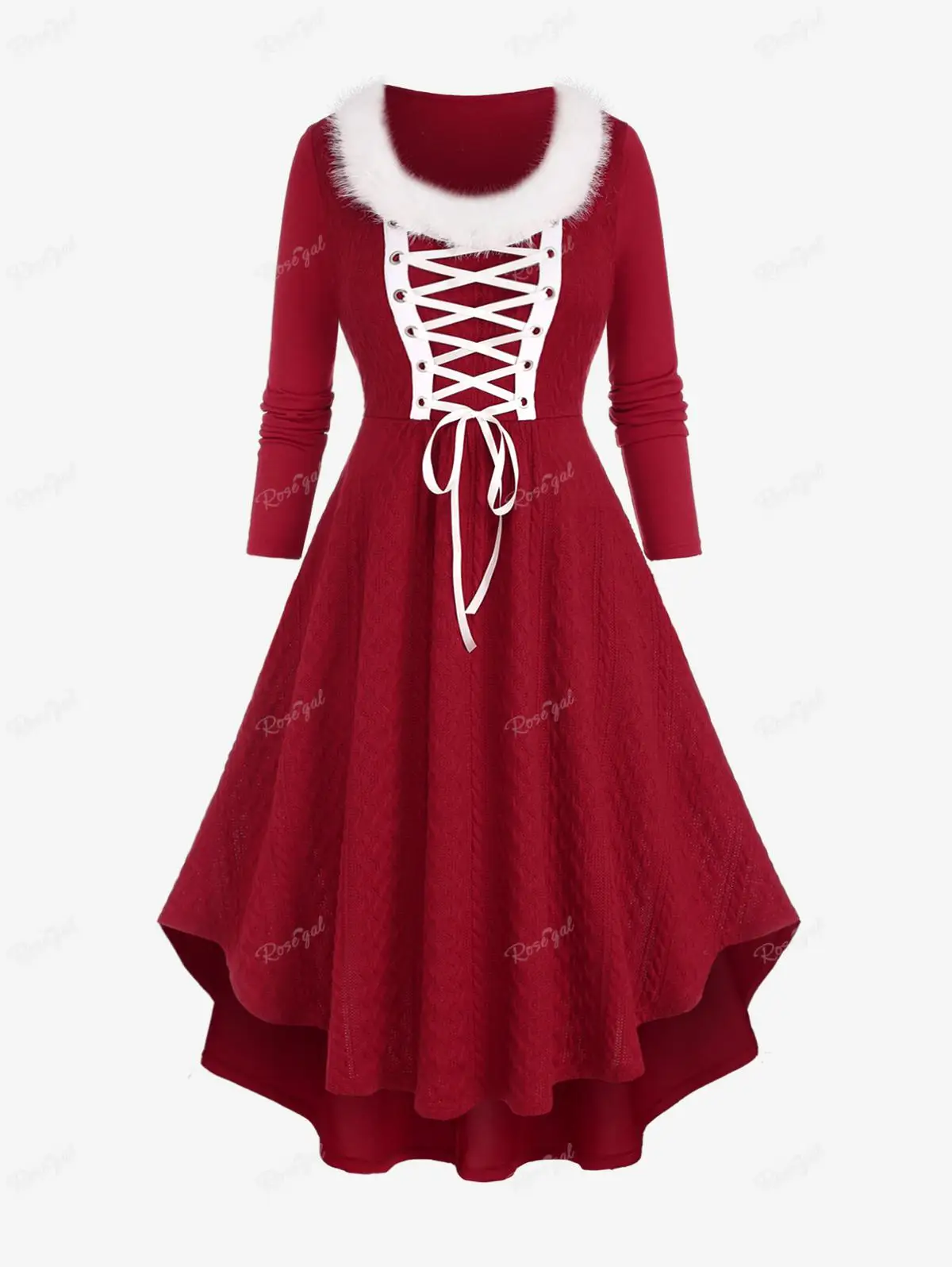 

ROSEGAL Plus Size Fluff Collar Knited Dresses Deep Red Lace Up Sweater Dress Women Autumn Winter Casual Ruffles Midi Vestidos 5X